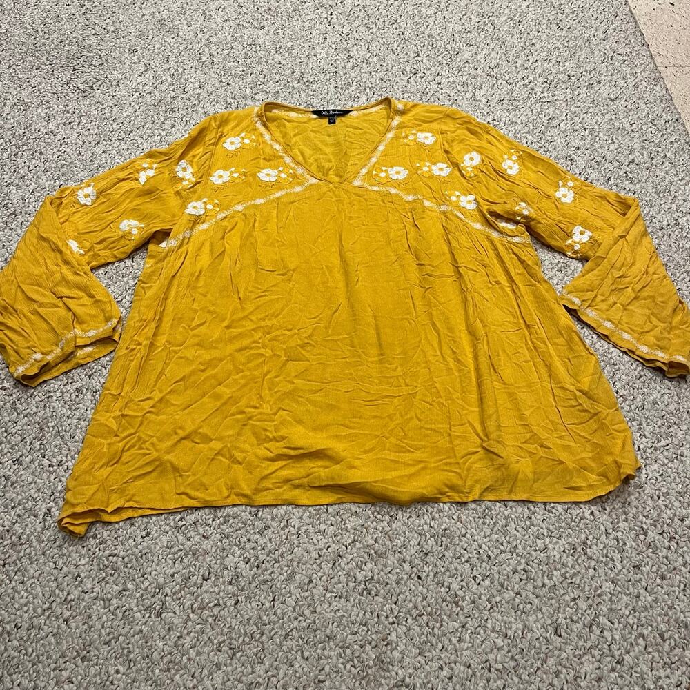 Ulla Popken Embroidered Boho Blouse 16/18 Mustard Yellow Fall Peasant Casual